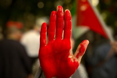 red hand of protester